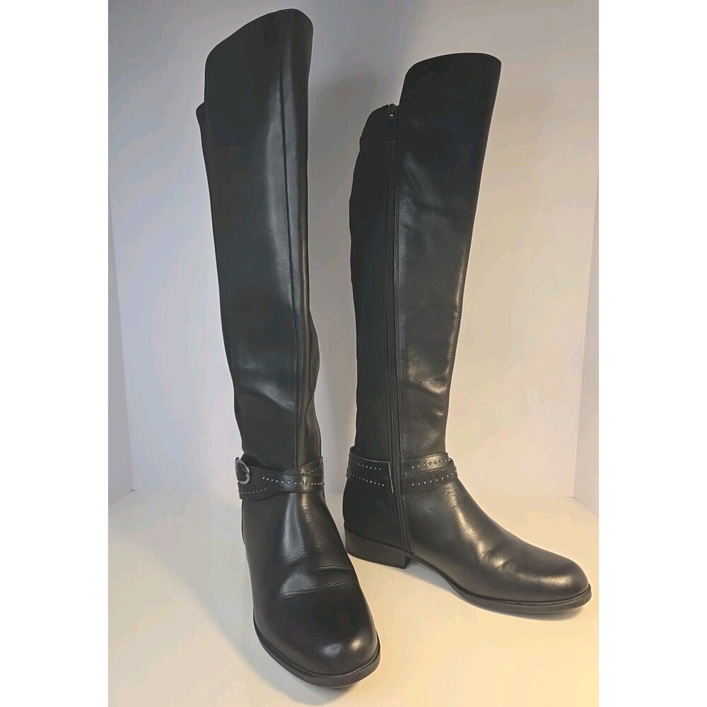 Bandolino Black Leather Riding Boots Sz 7M Buckle Detail On Ankle EUC Esquire
